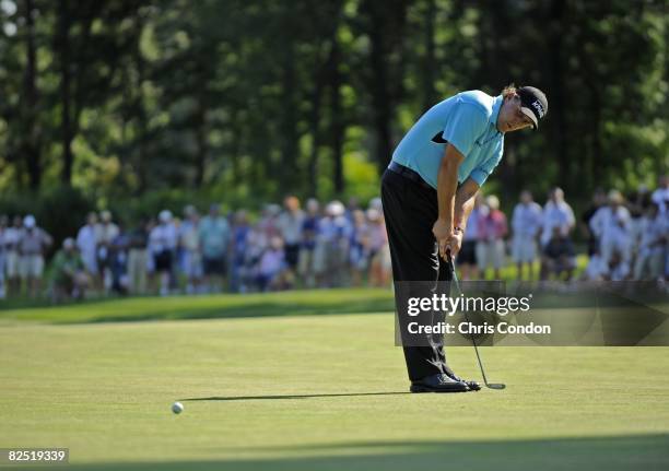 Phil Mickelson plays a shot during the second round of The Barclays held at the Ridgewood Country Club on August 22, 2008 in Paramus, New Jersey. The...