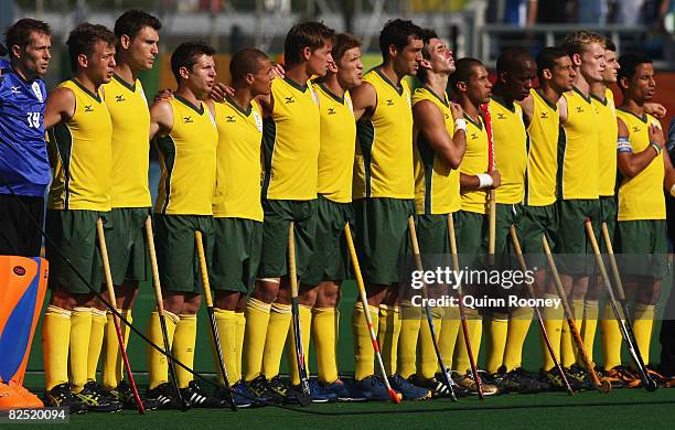 The team of South Africa lines up before the Men's Classification 11-12 match between China and South Africa held at the Olympic Green Hockey Field...
