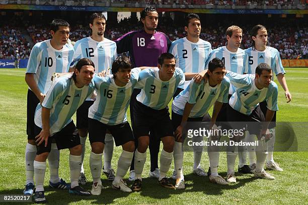The Argentinian team line up prior to the Men's Gold Medal football match between Nigeria and Argentina at the National Stadium on Day 15 of the...