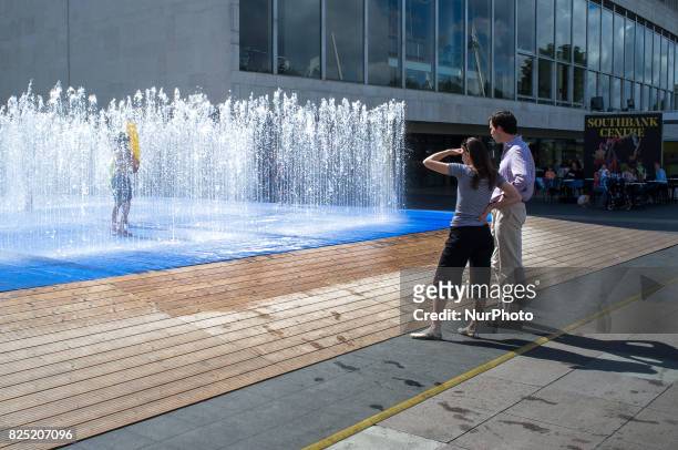 Appearing Rooms by Jeppe Hein fountain is seen at Southbank, London on August 1, 2017. Appearing Rooms is an interactive fountain at Southbank...
