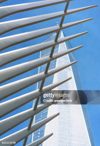 architecture of world trade center transportation hub and one world trade centre building - be basic hub stock pictures, royalty-free photos & images