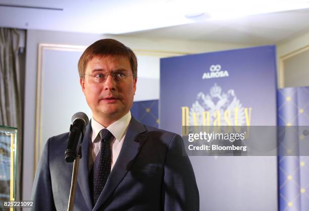 Sergei Ivanov, chief executive officer of Alrosa PJSC, speaks druing an event to unveil gems cut from the 179-carat Romanov rough diamond in Moscow,...