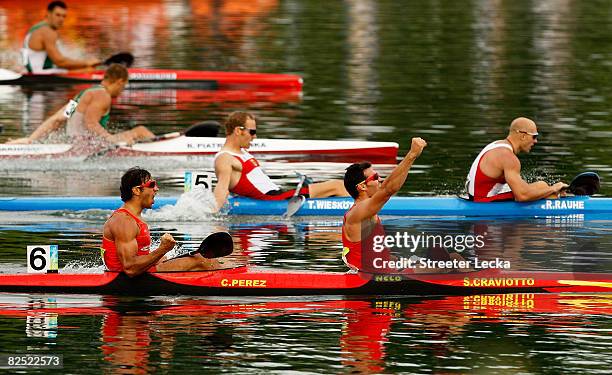 Carlos Perez and Saul Craviotto of Spain celebrate winning the Kayak Double 500m Men Final during the canoe/kayak flatwater event held at the Shunyi...