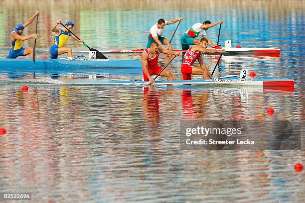 Alexander Kostoglod and Sergey Ulegin of Russia compete in the Canoe Double 500m Men Final during the canoe/kayak flatwater event held at the Shunyi...