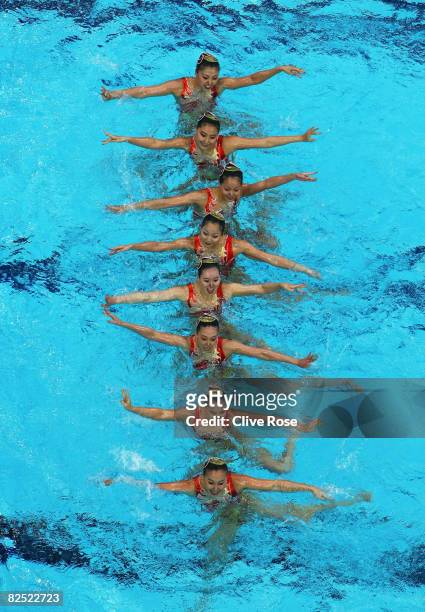 The Chinese team compete in the Team Event Free Routine Final during the synchronised swimming held at the National Aquatics Center on Day 15 of the...