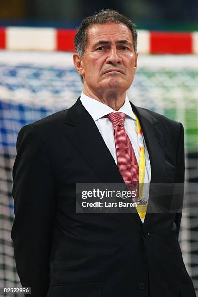 Hassan Moustafa, president of the international handball federation IHF looks on after the Women's Handball Gold Medal Match between Norway and...