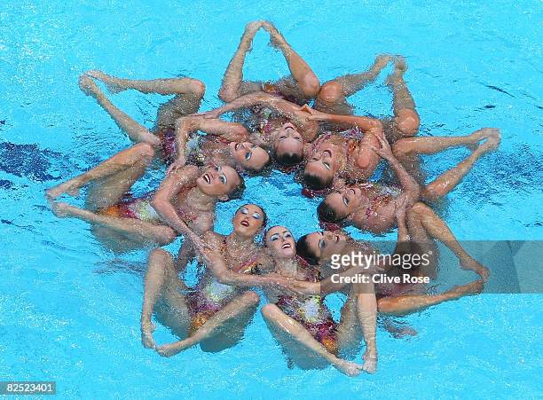 The United States performs in the synchronised swim team event free routine final held at the National Aquatics Center on Day 15 of the Beijing 2008...