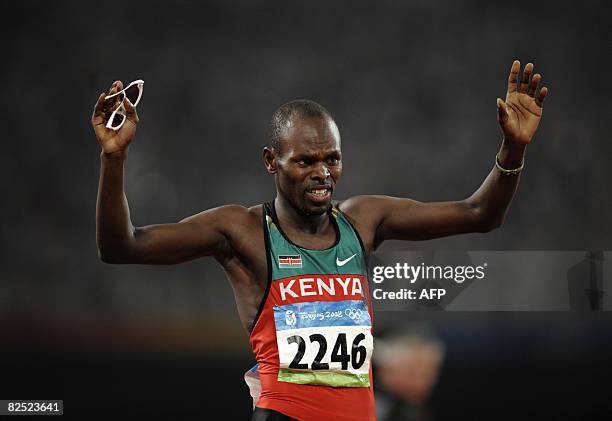 Kenya's Wilfred Bungei celebrates winning the men's 800m final at the "Bird's Nest" National Stadium during the 2008 Beijing Olympic Games on August...