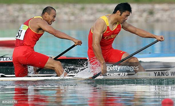 China's Meng Guanling and Yang Wenjun compete during the 2008 Beijing Olympic Games Men's Canoe C2 flatwater final at the Shunyi Rowing and Canoeing...