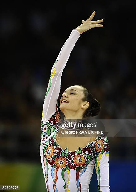 Ukraine's Ganna Bessonova competes in the individual all-around final of the rhythmic gymnastics at the Beijing 2008 Olympic Games in Beijing on...