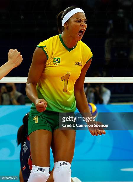Walewska Oliveira of Brazil celebrates during the women's gold medal volleyball game held at the Beijing Institute of Technology Gymnasium on Day 15...