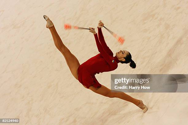 Anna Bessonova of Ukraine competes in the Individual All-Around final held at the University of Science and Technology Beijing Gymnasium on Day 15 of...