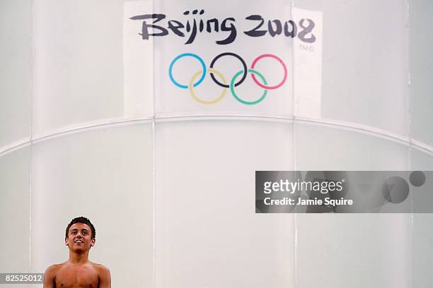 Thomas Daley of Great Britain comptes during the Men's 10m Platform Final diving event held at the National Aquatics Center on Day 15 of the Beijing...