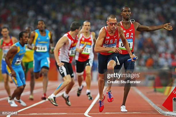 Jeremy Wariner of the United States runs in the final leg of the Men's 4 x 400m Relay Final held at the National Stadium on Day 15 of the Beijing...