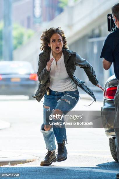 Jennifer Lopez is seen filming 'Shades of Blue' on August 1, 2017 in New York City.