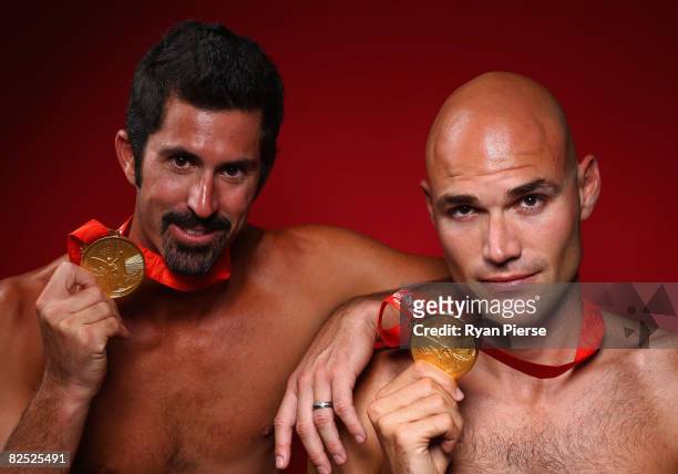 Todd Rogers and Phillip Dalhausser of the United States pose in the NBC Today Show Studio after winning the Gold Medal in Beach Volleyball at the...