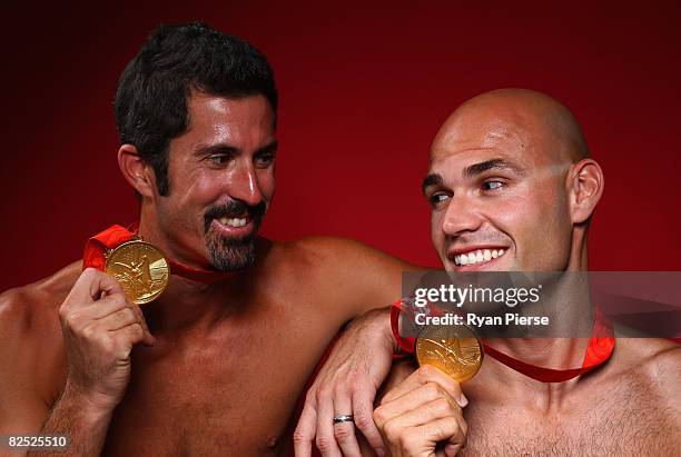 Todd Rogers and Phillip Dalhausser of the United States pose in the NBC Today Show Studio after winning the Gold Medal in Beach Volleyball at the...