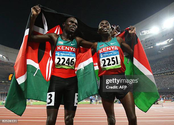 Kenya's Wilfred Bungei and Alfred Kirwa Yego celebrate following the men's 800m final at the "Bird's Nest" National Stadium during the 2008 Beijing...