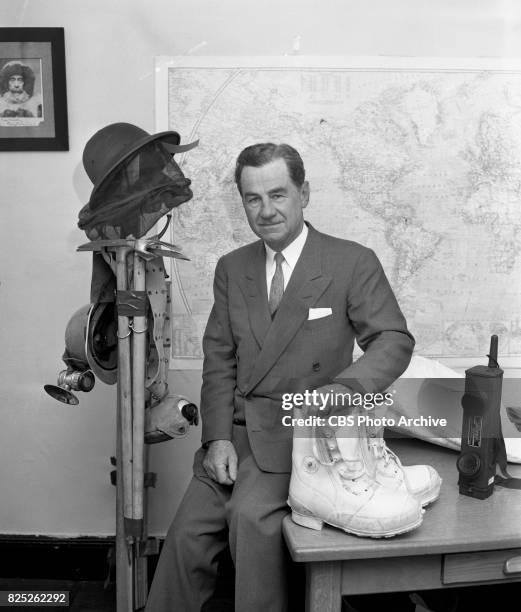 Television program, High Adventure with Lowell Thomas. Episode title: India . Pictured here is CBS newsman Lowell Thomas at the offices of Odyssey...