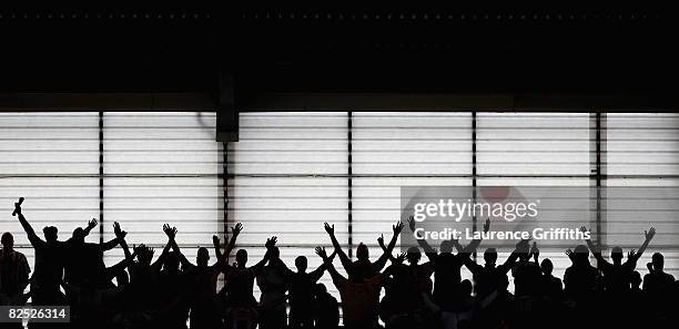 Stoke City fans sing during the Barclays Premier League match between Stoke City and Aston Villa at the Britannia Stadium on August 23, 2008 in...