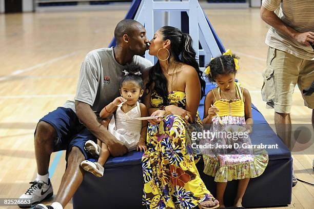 Kobe Bryant of the U.S. Men's Senior National Team celebrates his birthday with his family, Nyla, Vanessa and Natalia during practice at the 2008...
