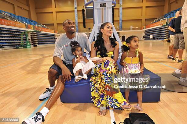 Kobe Bryant of the U.S. Men's Senior National Team celebrates his birthday with his family, Nyla, Vanessa and Natalia during practice at the 2008...