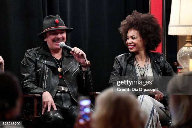 Carlos Santana and Cindy Blackman Santana attend the Santana and The Isley Brothers Media Event at Electric Lady Studio on August 1, 2017 in New York...