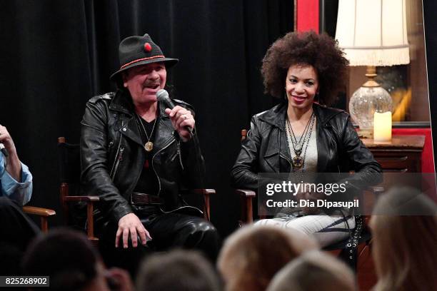 Carlos Santana and Cindy Blackman Santana attend the Santana and The Isley Brothers Media Event at Electric Lady Studio on August 1, 2017 in New York...