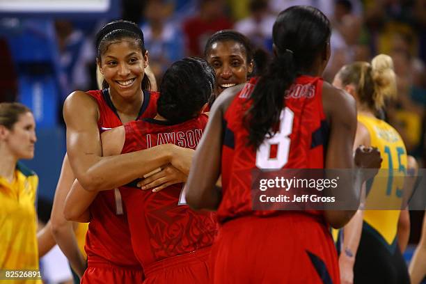 Candace Parker, Kara Lawson, Lisa Leslie and Delisha Milton-Jones of the United States celebrate winning the gold medal against Australia after the...