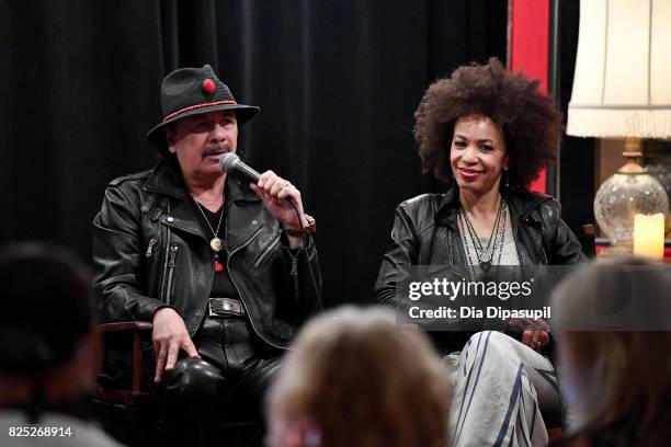 Carlos Santana and Cindy Blackman Santana attend the Santana and The Isley Brothers Media Event at Electric Lady Studio on August 1, 2017 in New York...