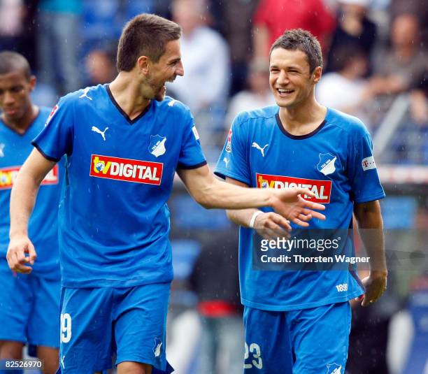 Vedad Ibisevic and Sejad Salinhovic of TSG 1899 Hoffenheim celebrare after winning the match during the Bundesliga match TSG 1899 Hoffenheim against...