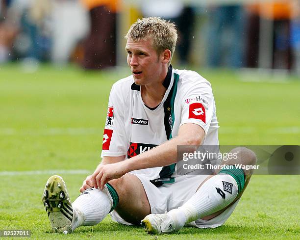 Jan Ingwer Callsen-Bracker of Borussia Moenchengladbach looks dejected after loosing the match during the Bundesliga match TSG 1899 Hoffenheim...