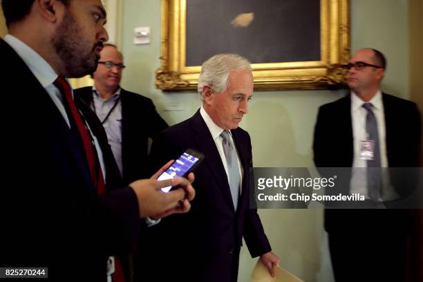 Sen. Bob Corker heads into the Senate Republican policy luncheon at the U.S. Capitol August 1, 2017 in Washington, DC. After failing to pass...