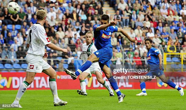 Hoffenheim's Bosnian striker Vedad Ibisevic vies against Moenchengladbach's defender Jan Ingwer Callsen-Bracker during their Bundesliga football...