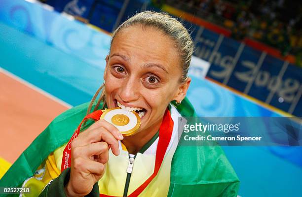 Fabiana de Oliveira of Brazil poses with her gold medal after the women's gold medal volleyball game held at the Beijing Institute of Technology...