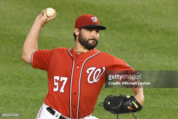 Tanner Roark of the Washington Nationals pitches during a baseball game against the Colorado Rockies at Nationals Park on July 29, 2017 in...