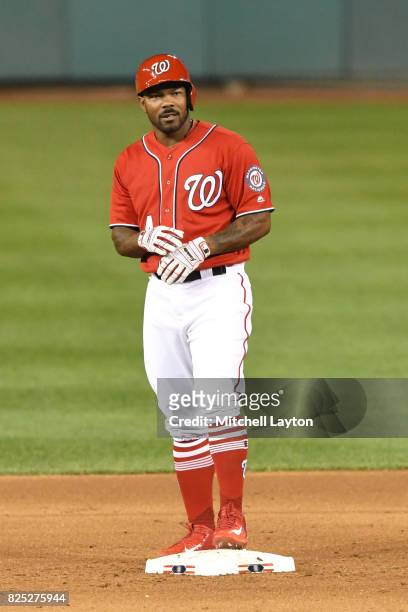 Howie Kendrick of the Washington Nationals on second base during a baseball game against the Colorado Rockies at Nationals Park on July 29, 2017 in...