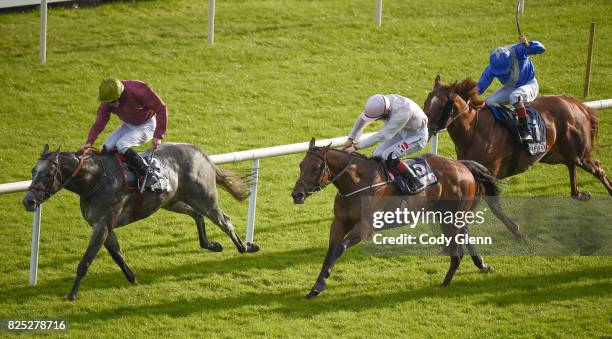 Galway , Ireland - 1 August 2017; Eventual winner Cascavelle, with Billy Lee up, race ahead of High Altitude, with Colin Keane up, who finished...