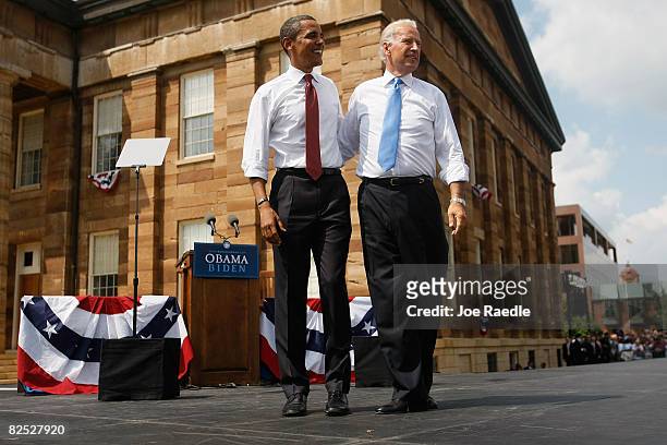 Presumptive Democratic Presidential candidate U.S. Sen. Barack Obama takes to the stage with his Vice Presidential pick Sen. Joe Biden at the Old...