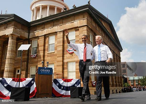 Presumptive Democratic Presidential candidate U.S. Sen. Barack Obama takes to the stage with his Vice Presidential pick Sen. Joe Biden at the Old...