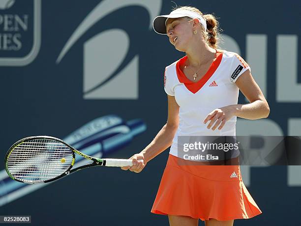 Anna Chakvetadze of Russia reacts to a lost point to Caroline Wozniacki of Denmark during the women's singles championship match on Day 6 of Pilot...