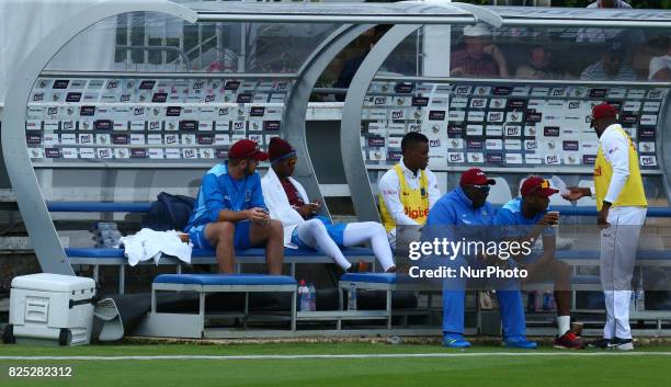 West Indies player feeling the cold during the Domestic First Class Multi - Day match between Essex and West Indies at the Cloudfm County Ground on...