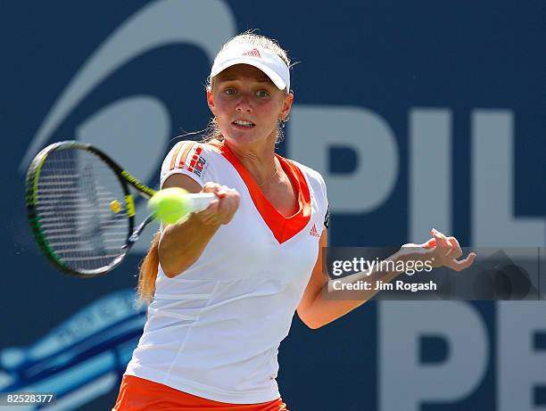 Anna Chakvetadze of Russia returns to Carolina Wozniacki of Denmark during the women's singles championship during Day 6 of Pilot Pen Tennis on...