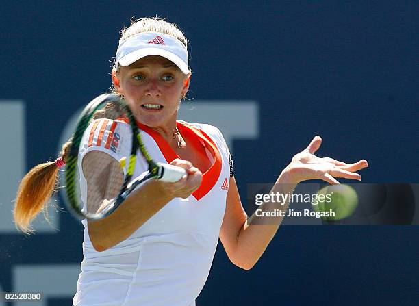 Anna Chakvetadze of Russia returns to Carolina Wozniacki of Denmark during the women's singles championship during Day 6 of Pilot Pen Tennis on...