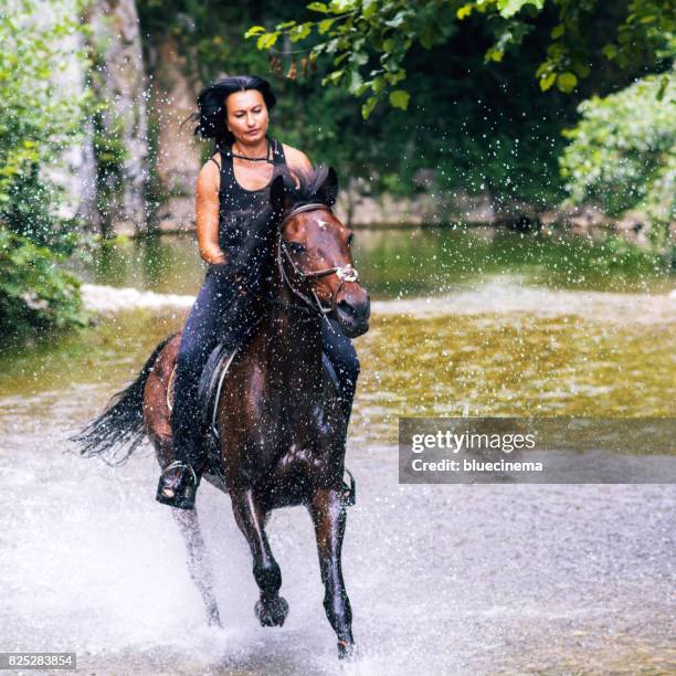 woman gallops horse through stream - racehorse owner stock pictures, royalty-free photos & images