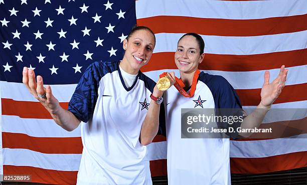 Diana Taurasi and Sue Bird of the U.S. Women's Senior National Team pose for a portrait after winning the gold medal against Australia at the Beijing...