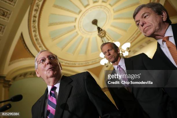 Senate Majority Leader Mitch McConnell , Sen. John Thune and Sen. Roy Blunt talk to reporters following the Republican Senate policy luncheon at the...