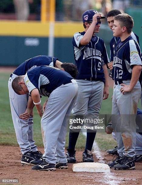 Members of the Southwest react after losing to the West in the International Final at Lamade Stadium on August 23, 2008 in Williamsport,...