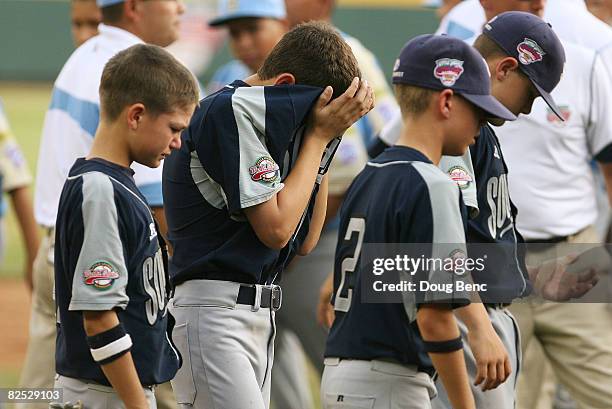 Members of the Southwest team react after losing to the West in the International Final at Lamade Stadium on August 23, 2008 in Williamsport,...