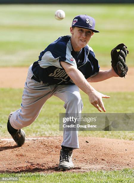 Starting pitcher Trey Quinn of the Southwest throws a pitch against the West in the United States Final at Lamade Stadium on August 23, 2008 in...